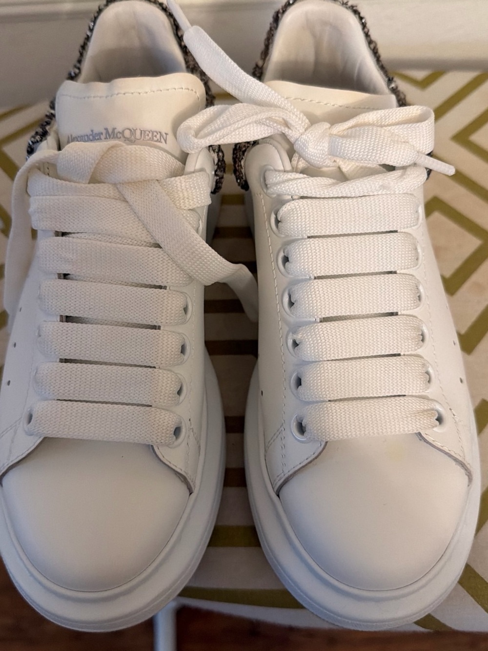 Alexander McQueen White Leather Platform Sneakers with crystal metallic Accent